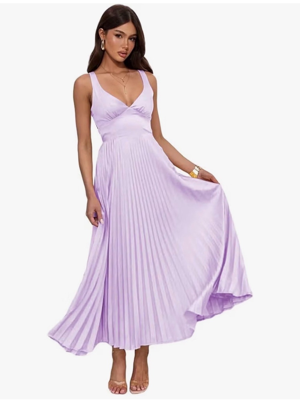 Sleeveless Lilac Pleated Maxi Dress - Elegant V-Neck Women’s Dress
